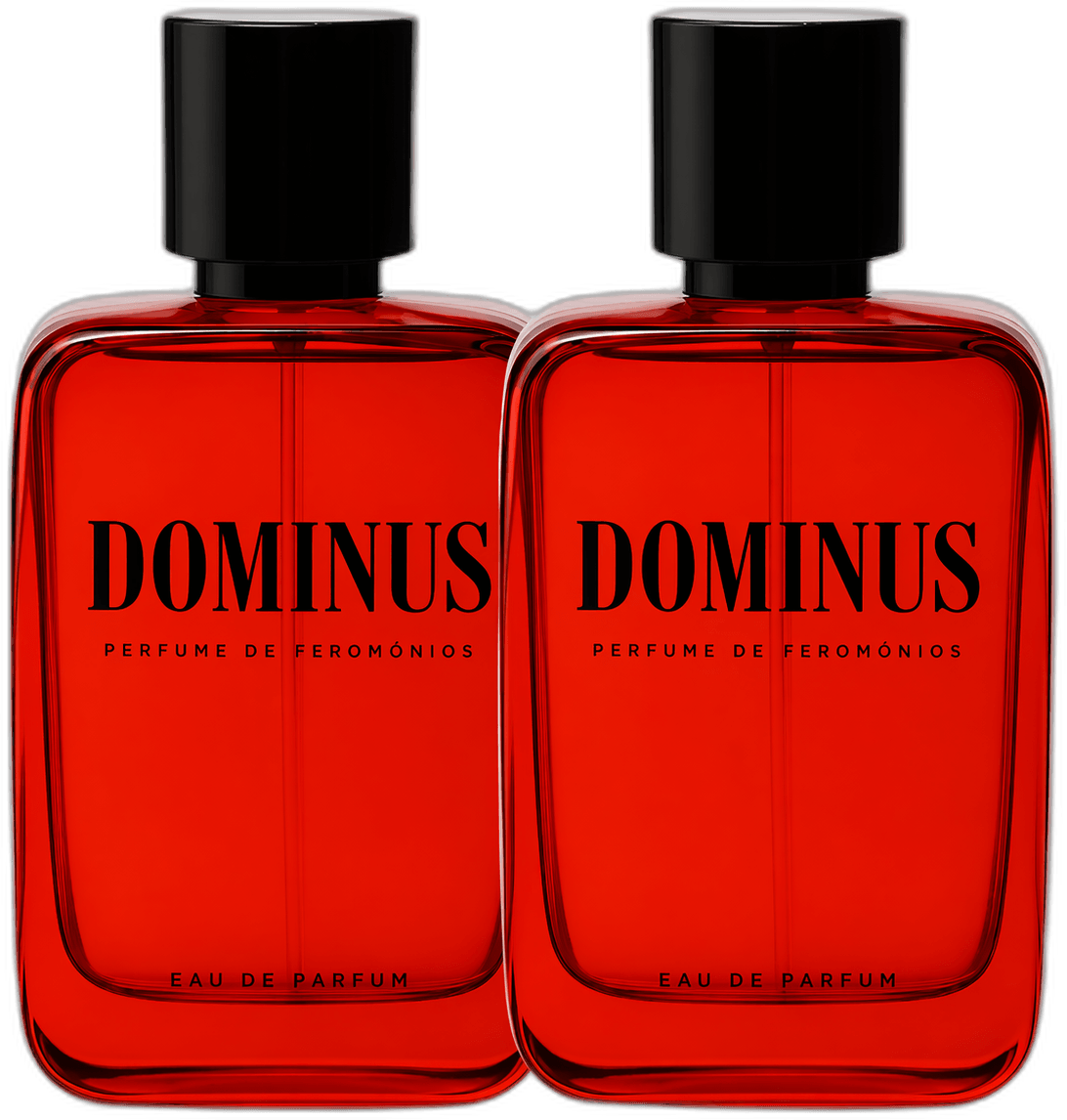Dois frascos vermelhos do perfume Dominus Men lado a lado