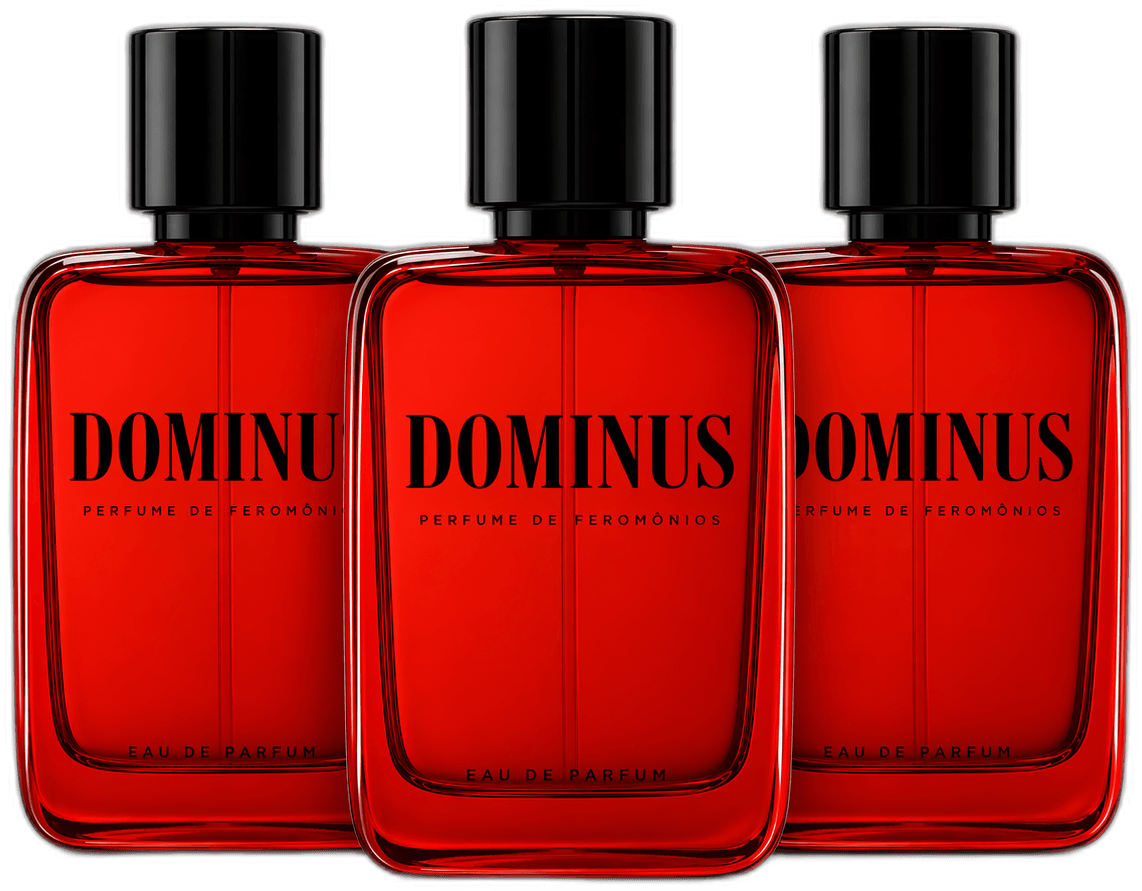 Três frascos vermelhos do perfume Dominus Men lado a lado